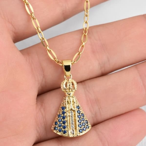 Colar Feminino Nossa Senhora Aparecida Cravejado Zircônias Aço Inoxidável 316L 45cm Religioso