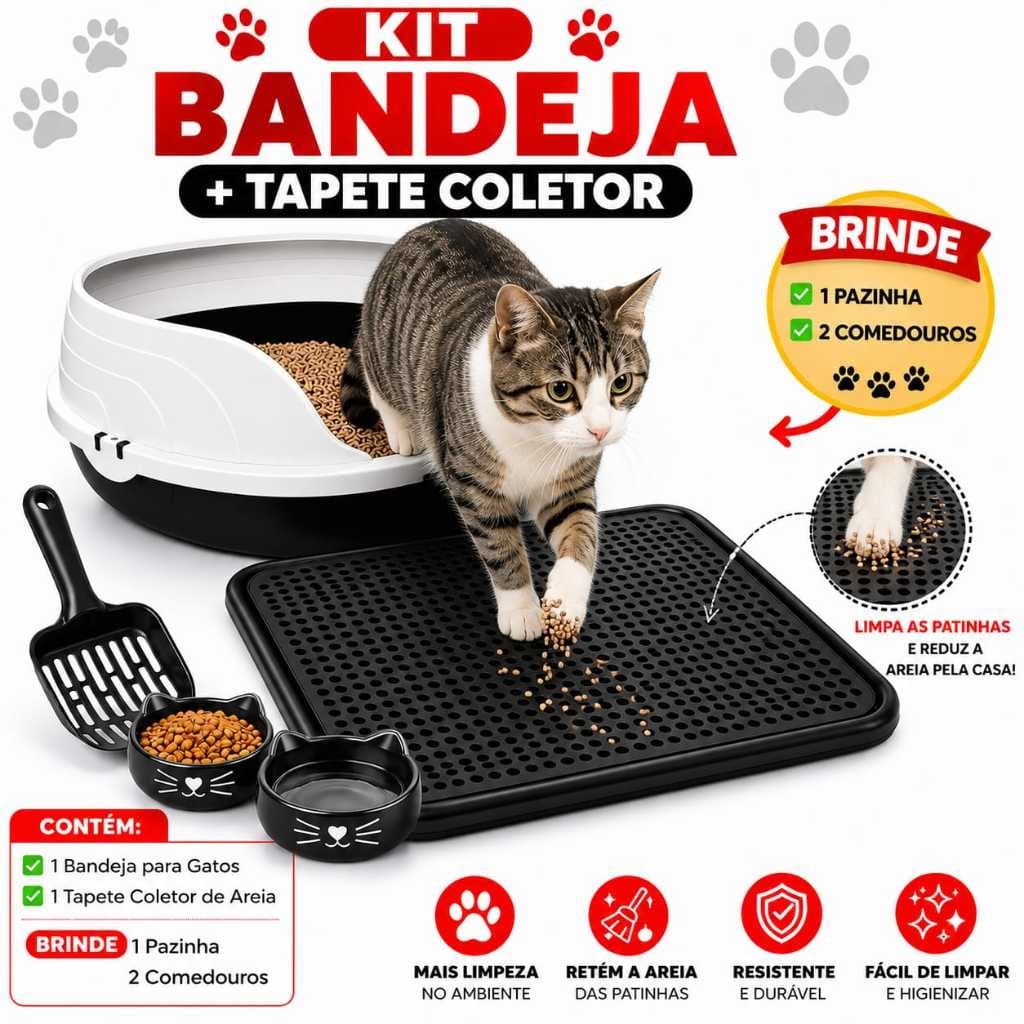 Caixa de Areia para Gatos Aberta C/ Borda Sanitário + Tapete Coletor + 02 Comedouros + Pá Promoção