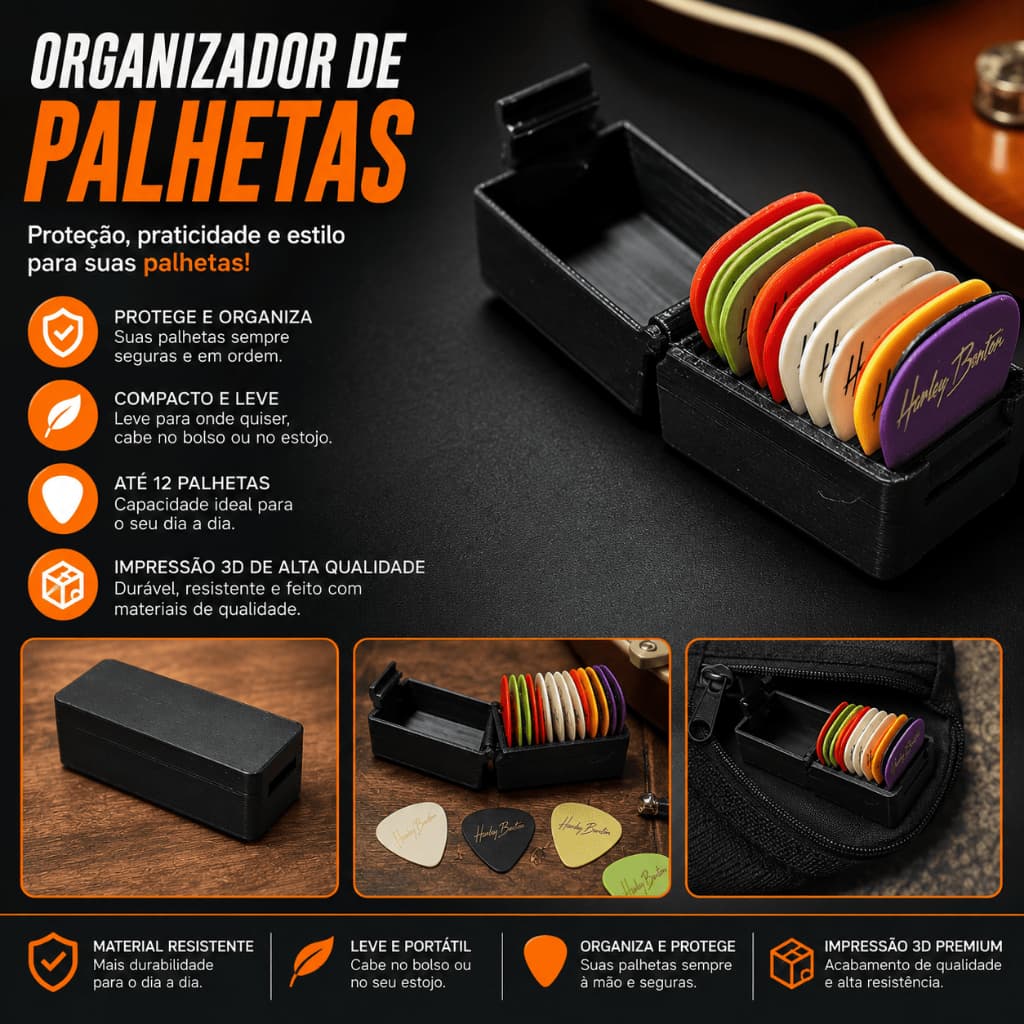Organizador de Palhetas para Guitarra e Violão | Estojo Compacto Impresso em 3D