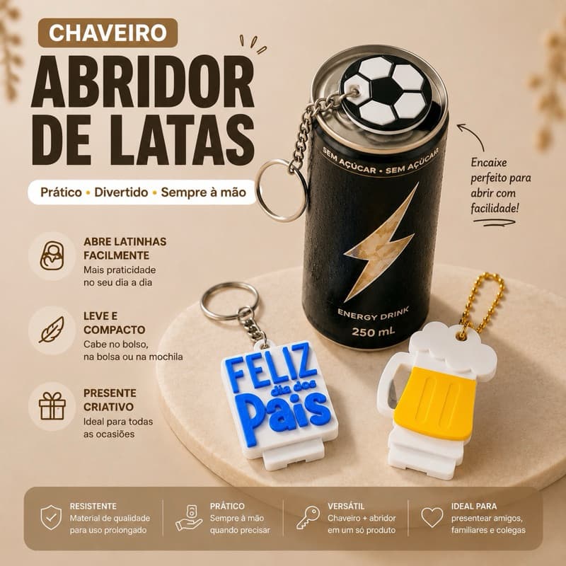 Chaveiro Abridor de Latas Divertido | Prático e Portátil- Abre Todos os Tipos de Lata | Dia dos Pais