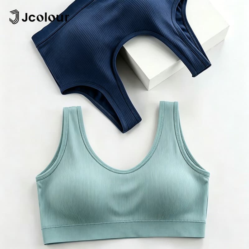 Top Esportivo Canelado Decote U Jcolour Feminino Sem Aro, Sutiã Macio Respirável Anti-Suor para Yoga, Academia e Uso Diá