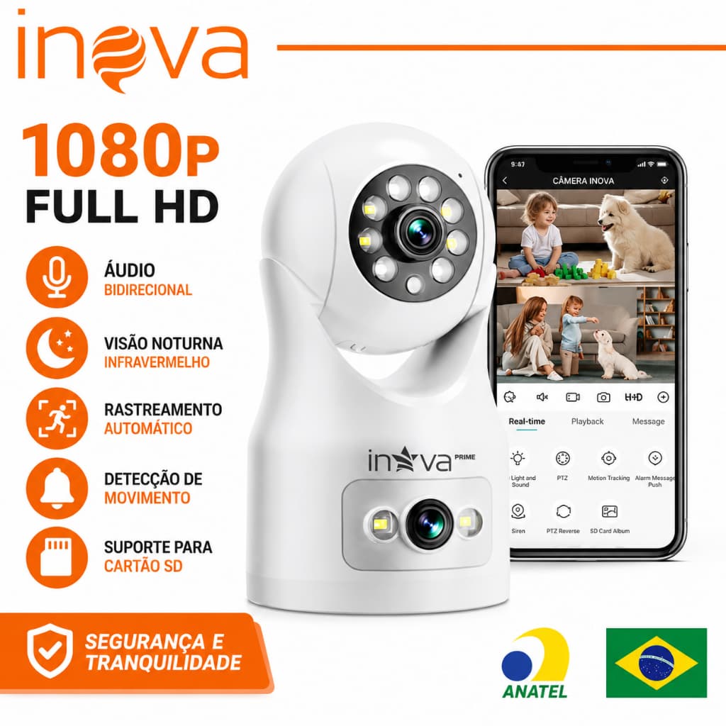 INOVA Câmera IP WiFi 360° PTZ 1080P Dual Band AI Visão Noturna Colorida Áudio APP SD