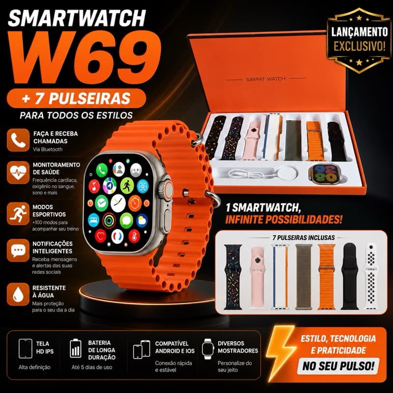 Smartwatch Relógio Inteligente W69 49mm + 7 Pulseiras Coloridas + Suporte para Carregamento Praticidade no dia a dia