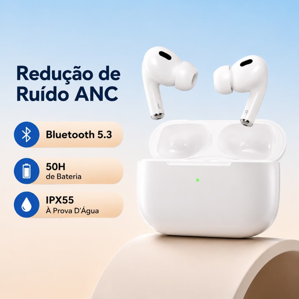 Fone de Ouvido PRO3 TWS Sem Fio Bluetooth, Cancelamento de Ruído, Áudio Estéreo, Bateria de Longa Duração