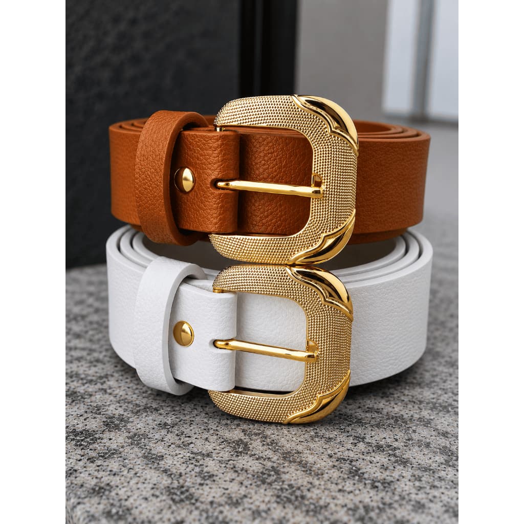 kit 2 Cintos Feminino Fivela Dourada Premium Couro Sintético Casual Social Elegante