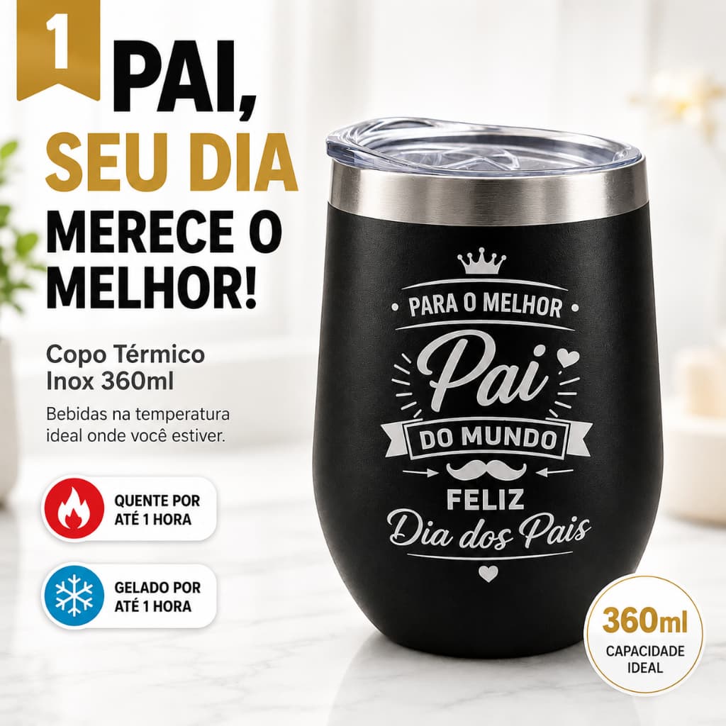 Copo Caneca Dia dos Pais Térmico Inox 360ml Tampa Personalizado Vácuo Quente Frio Laser