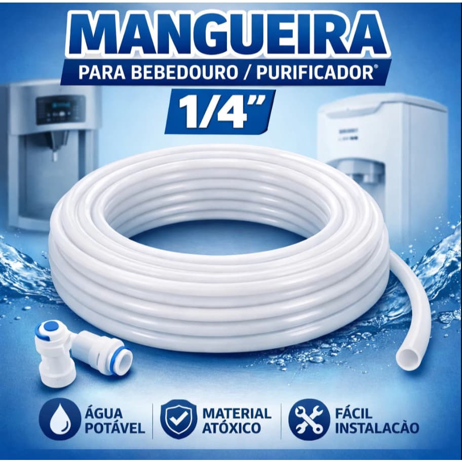 10 Metros Mangueira Atóxica Branca 1/4” PEBD – Purificador, Bebedouro, Filtro de Água, Geladeira.