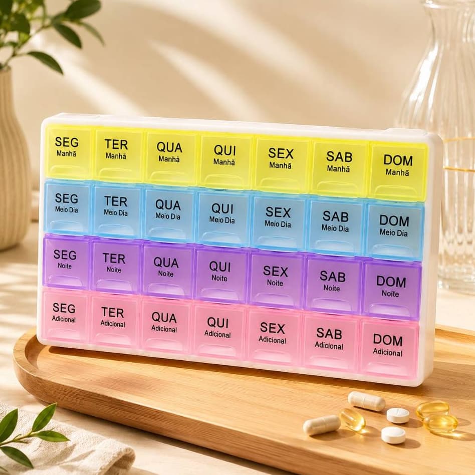 Porta Comprimidos Semanal 28 Divisórias Organizador de Remédios e Vitaminas 7 Dias Colorido