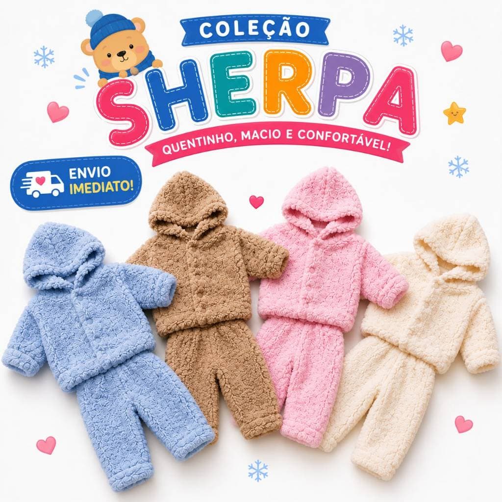 Conjunto Sherpa Bebê Infantil Peluciado Inverno Quentinho Macio Com Capuz Unissex P ao G 0 a 9 Meses