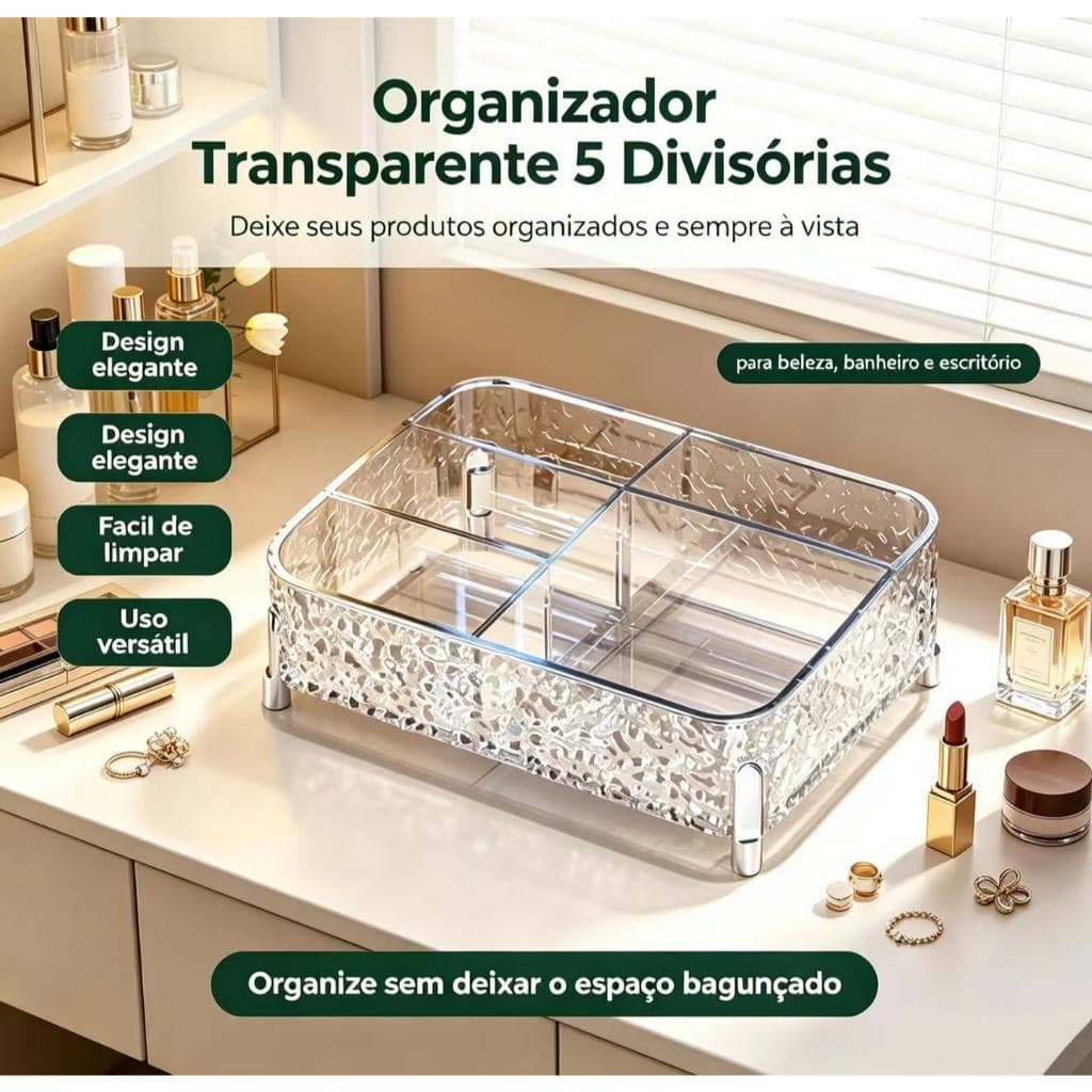 Organizador de Cosméticos com Divisórias, Bandeja Transparente com Textura Ondulada para Penteadeira e Banheiro