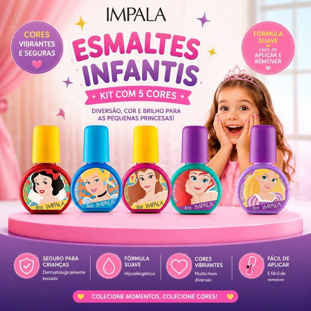 Impala Disney Kit C/5 Esmaltes Coleção Atitude Que Brilha Princesas  * Infantil *