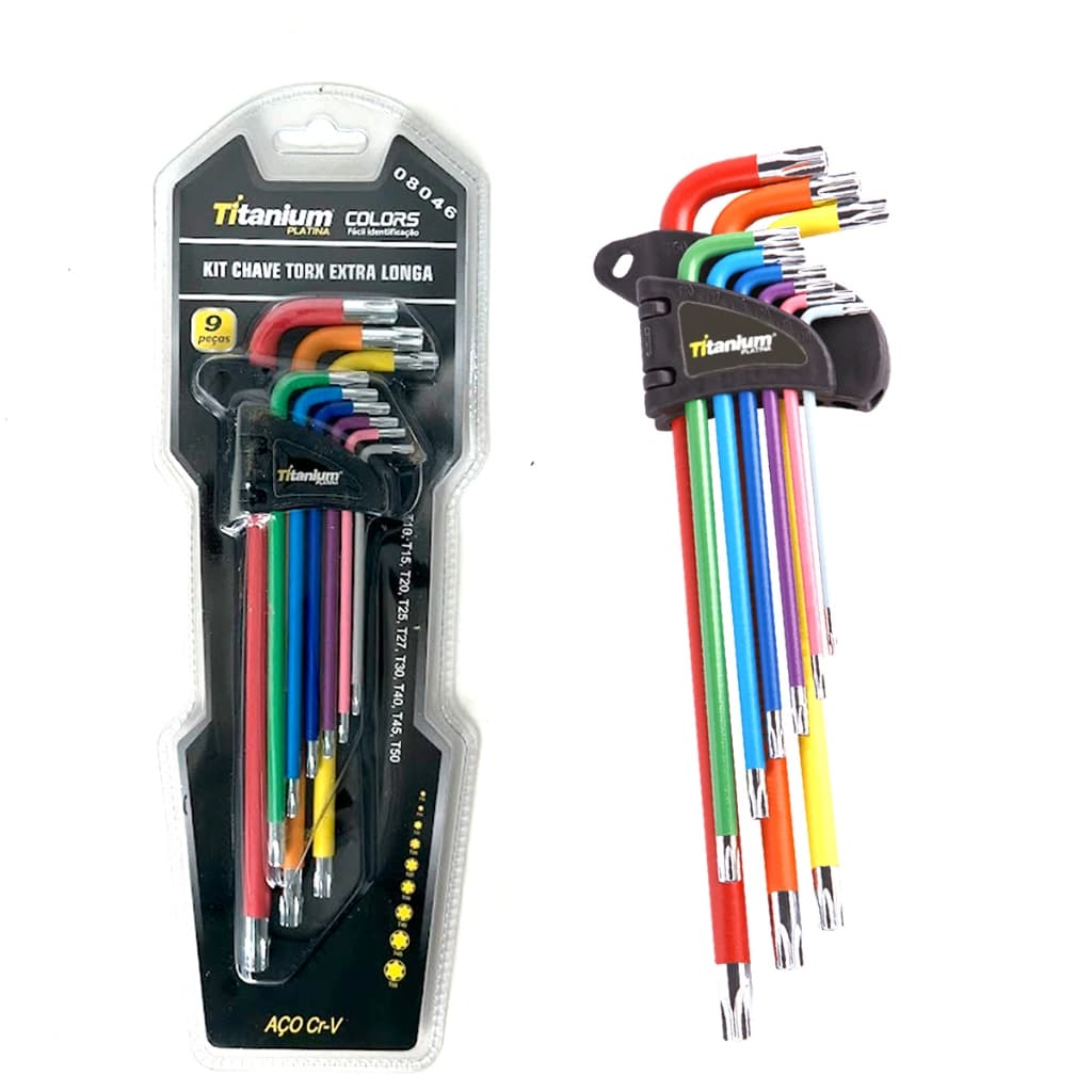 Jogo de Chaves Torx Extra Longas CR-V T10 a T50 9 Peças com Suporte Titanium Platina