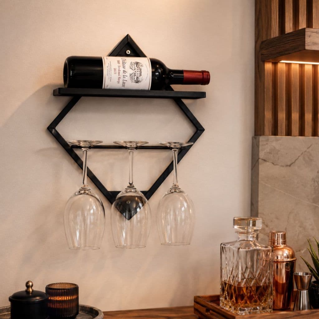 ADEGA DE VINHO PRETA DE PAREDE COM SUPORTE PARA 3 TAÇAS