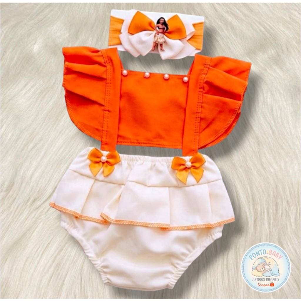 Roupa Bebê Romper Body Melhores Temas Princesa Praia Moana + Laço