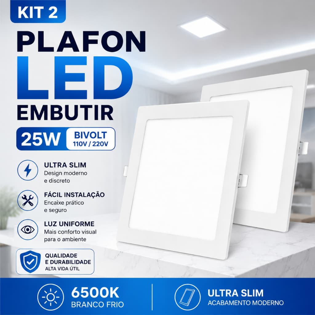 Kit 2 Luminária Plafon LED 25W Alumínio Embutir Ultra Slim