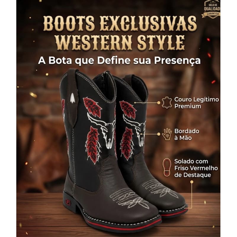 Bota Botina Menino Infantil Texana Country Bordada Boi Com Zíper Bico Quadrado