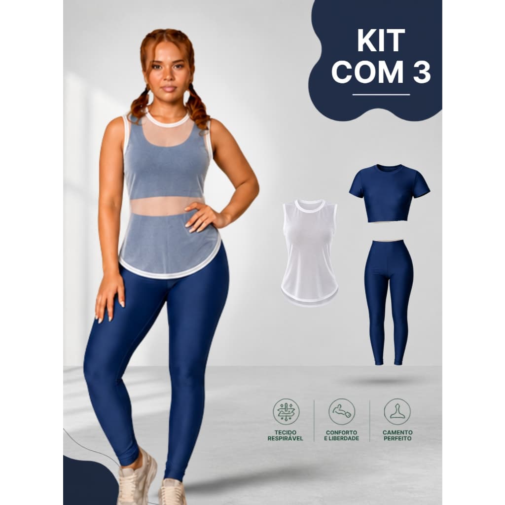 Kit 3 peças Top + Regata Tule + Calça Alta Compressão Fitness Feminino Treino Academia Cross Fit