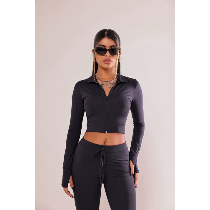Conjunto Cropped Zíper + Calça Flare Cintura Alta Canelado