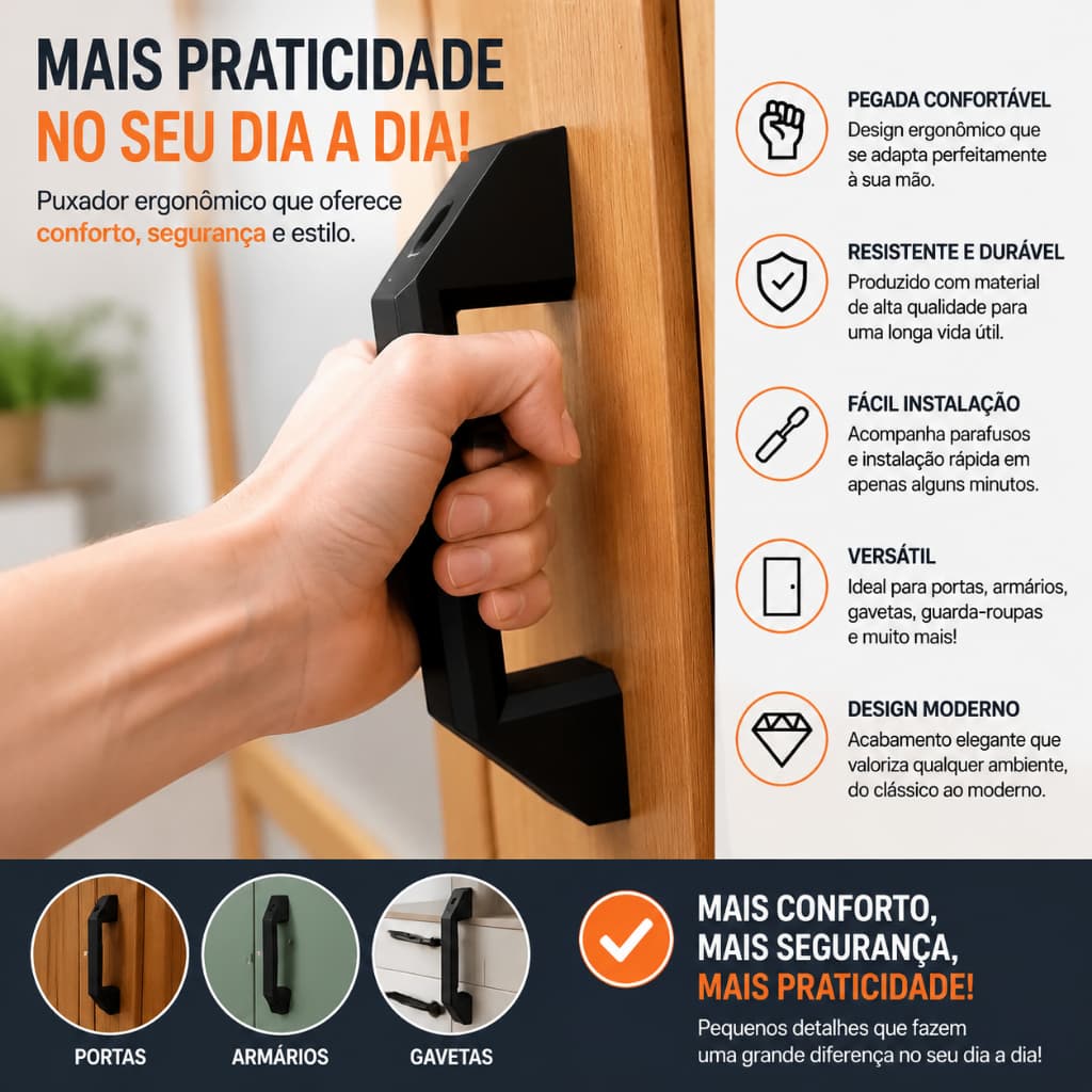 Puxador para Armário de Alta Resistência | Cabo para Porta de Armário, Gaveta, Guarda-Roupa e Móveis