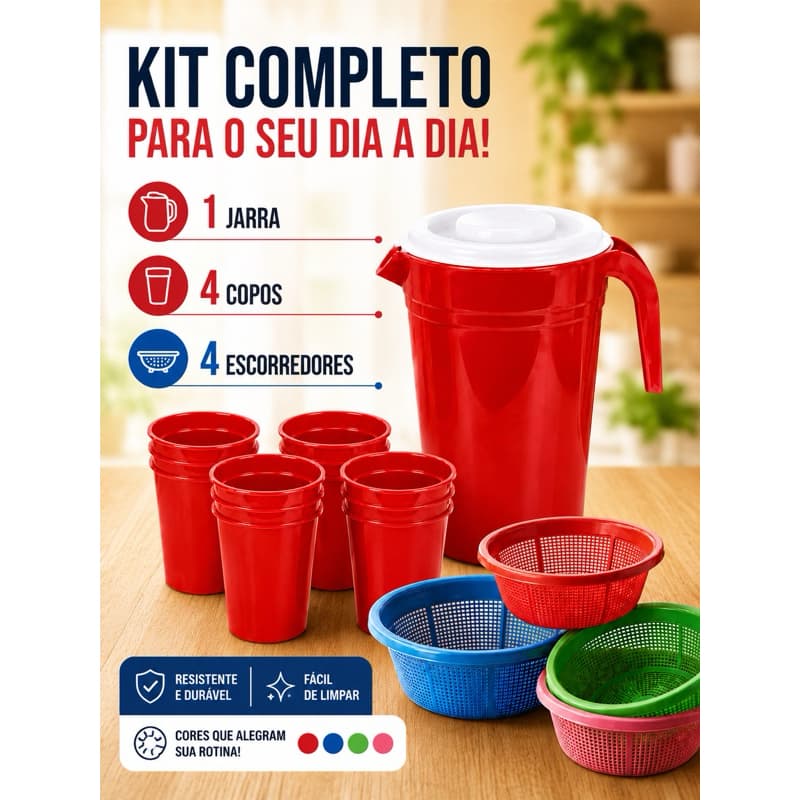 Kit Cozinha 9 Peças com 1 Jarra 2L + 4 Copos + 4 Escorredores Plástico Resistente Colorido