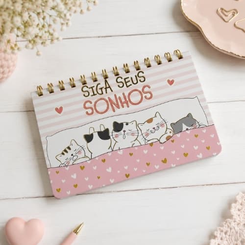 Planner Decorado Gatinhos com Foil Dourado. Papelaria