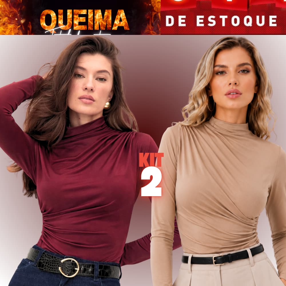 Blusa feminina estilosa DRAPEADA manga longa gola alta suplex premium moda gringa tendencia 2027