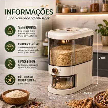 PORTA ARROZ 5KG COM DOSADOR | POTE HERMÉTICO TRANSPARENTE PARA GRÃOS FEIJÃO CEREAIS | ORGANIZADOR DE COZINHA