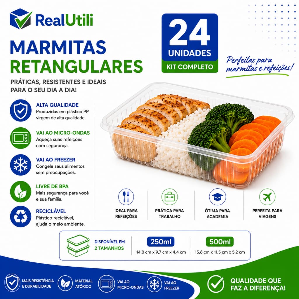 24 Marmitas 250ml e 500ml Fit Pote Descartável Retangular Plástico Freezer Microondas com Tampas