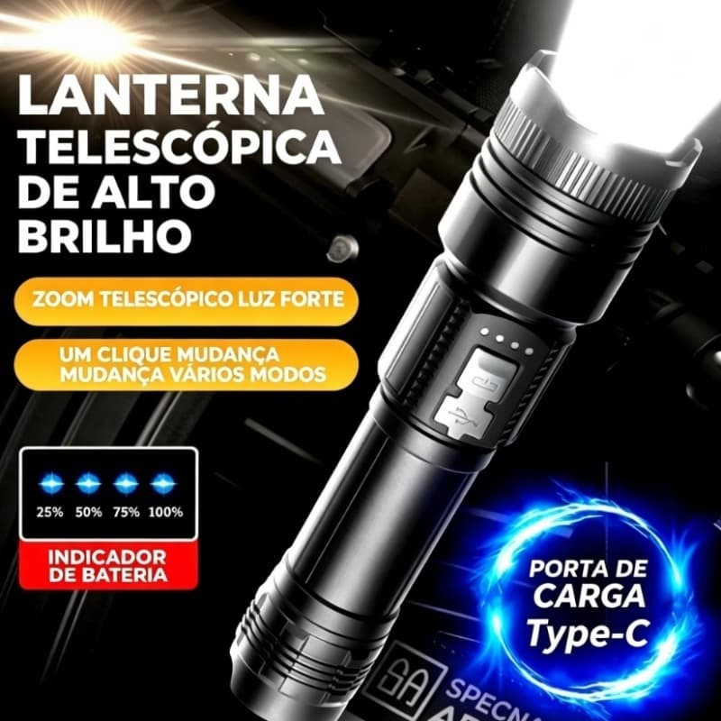 Lanterna LED Potente com Zoom Ajustável Recarregável USB | Ideal Camping, Manutenção Automotiva, Emergência Residencial