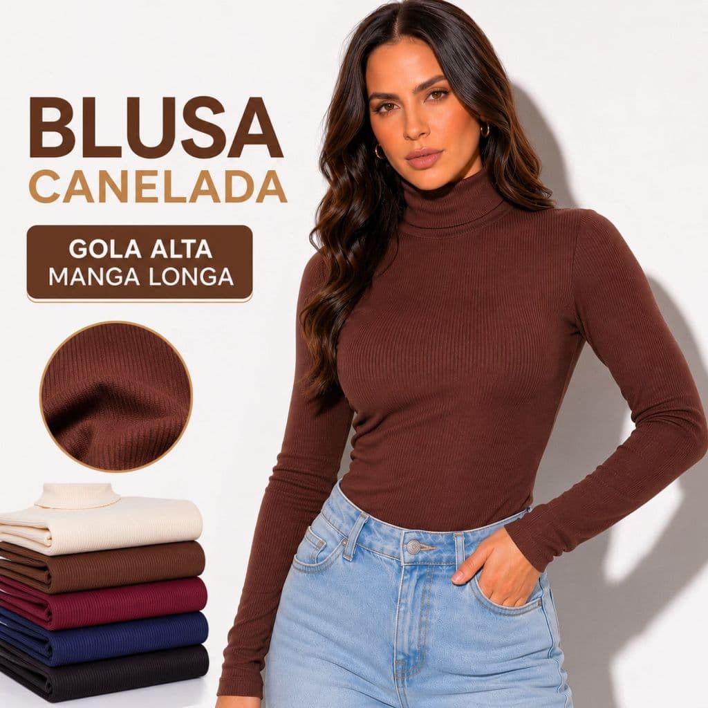 Blusa Feminina Manga Longa Gola Alta  Canelada Premium Básica Inverno Elegante