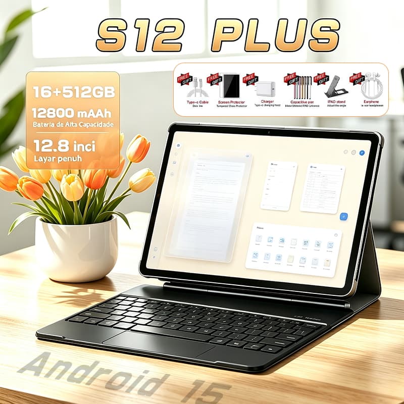 Combo with Keyboard and Mouse Tablet S12 Plus - 12.8" inch 16GB + 512GB Android 15 12800mAh Ideal for Studies and Games