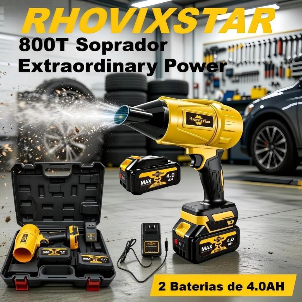 Soprador Elétrico Sem Fio Portável e Recarregável Com Turbina De Lâminas 40000RPM, 800T, Acompanha 2 Baterias De 4.0AH