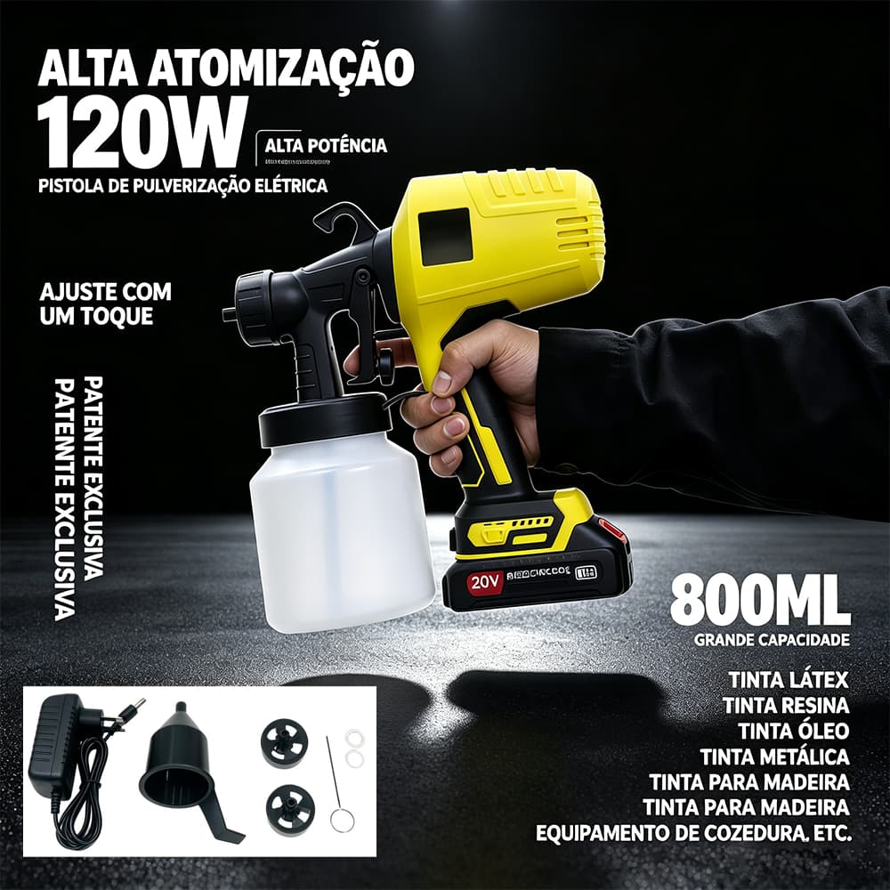 (110V) Pistola pulverizadora sem fio 120W reservatório 800ml 1 bateria duas pontas para pintura e higienização J4