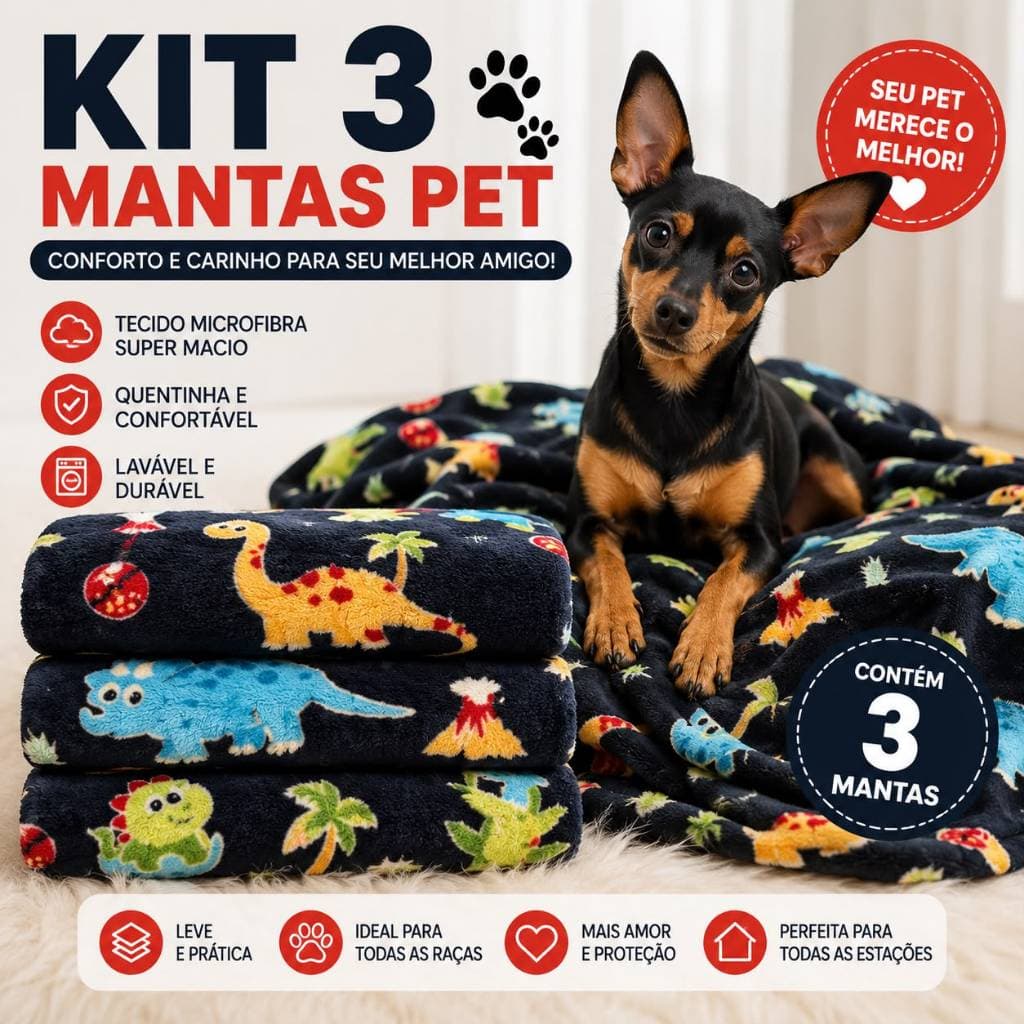 Kit 3 Mantas Pet Soft Cachorro e Gato 80x60 Cobertor Fleece Macio Lavável