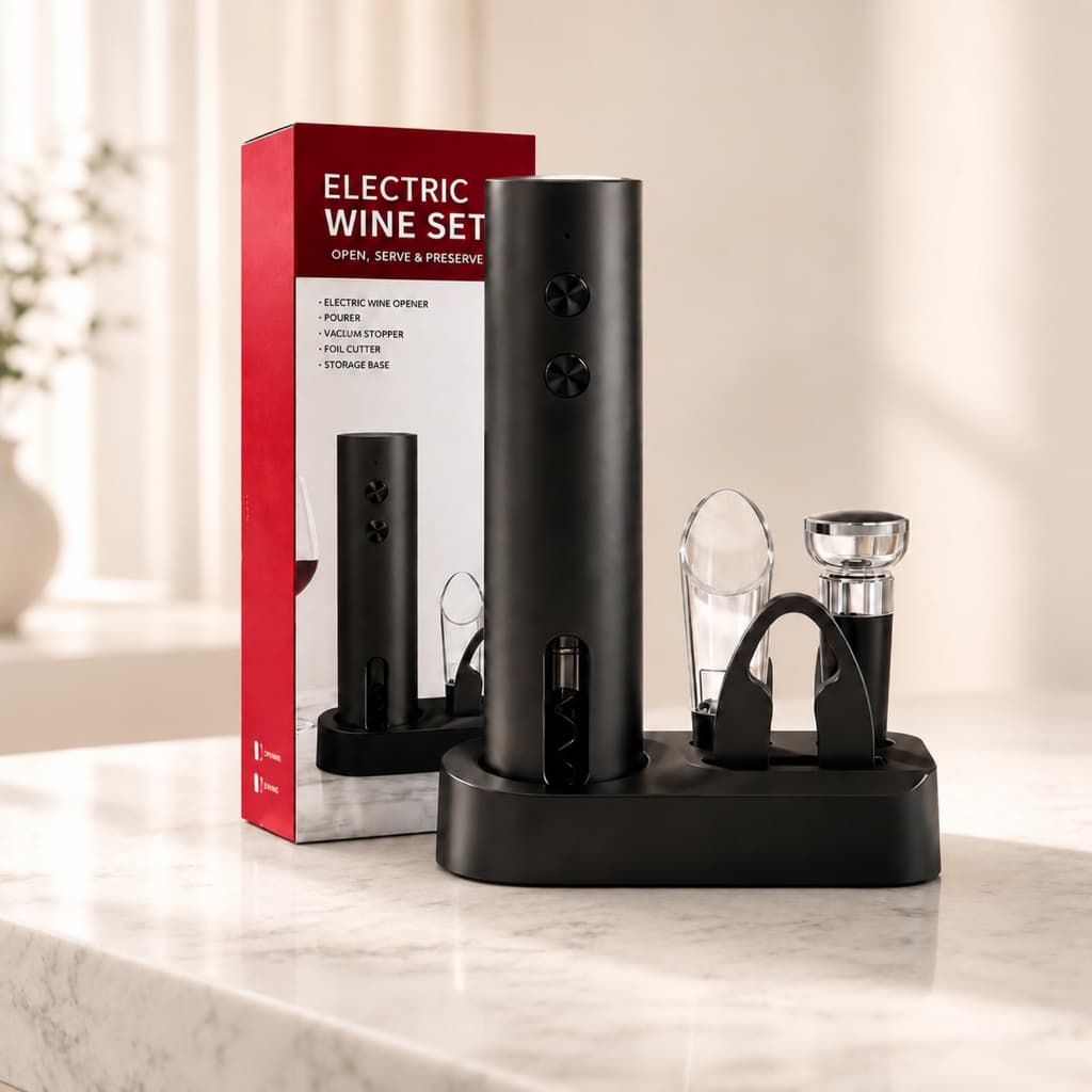 Kit Abridor Saca-rolhas Elétrico de Vinho Tinto Premium Automático, Inclui Rolha, Cortador e Aerador