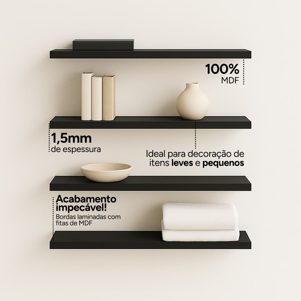 Kit 4 Prateleiras MDF Preto 60x25 50x10 40x10 30x10 20x10cm Decoração Sala Quarto Banheiro Cozinha 15mm