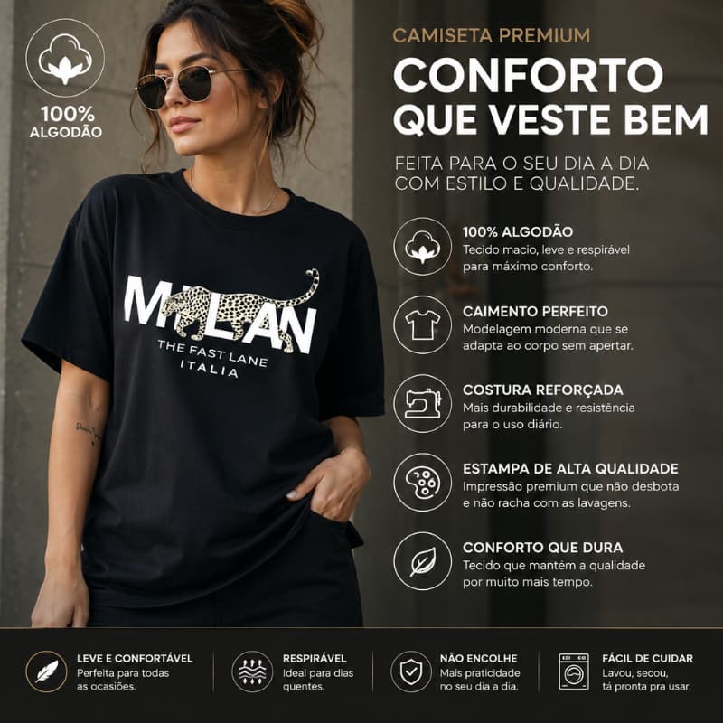 Camiseta 100% Algodão Feminina Estampa Onça Milan Estiloso E Fashion