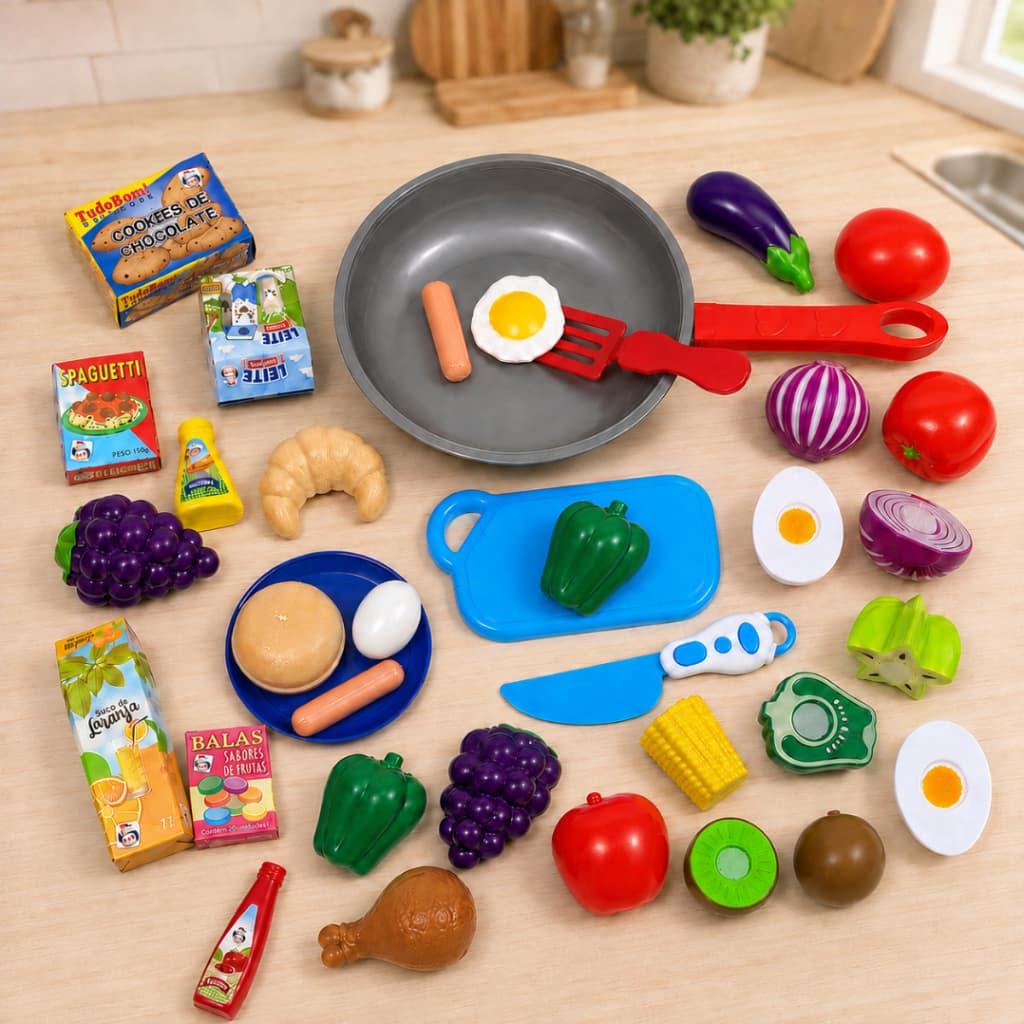 Mercadinho Frutas e Legumes de Cortar com Velcro + Frigideira C/ Comidinhas de Brinquedo Infantil