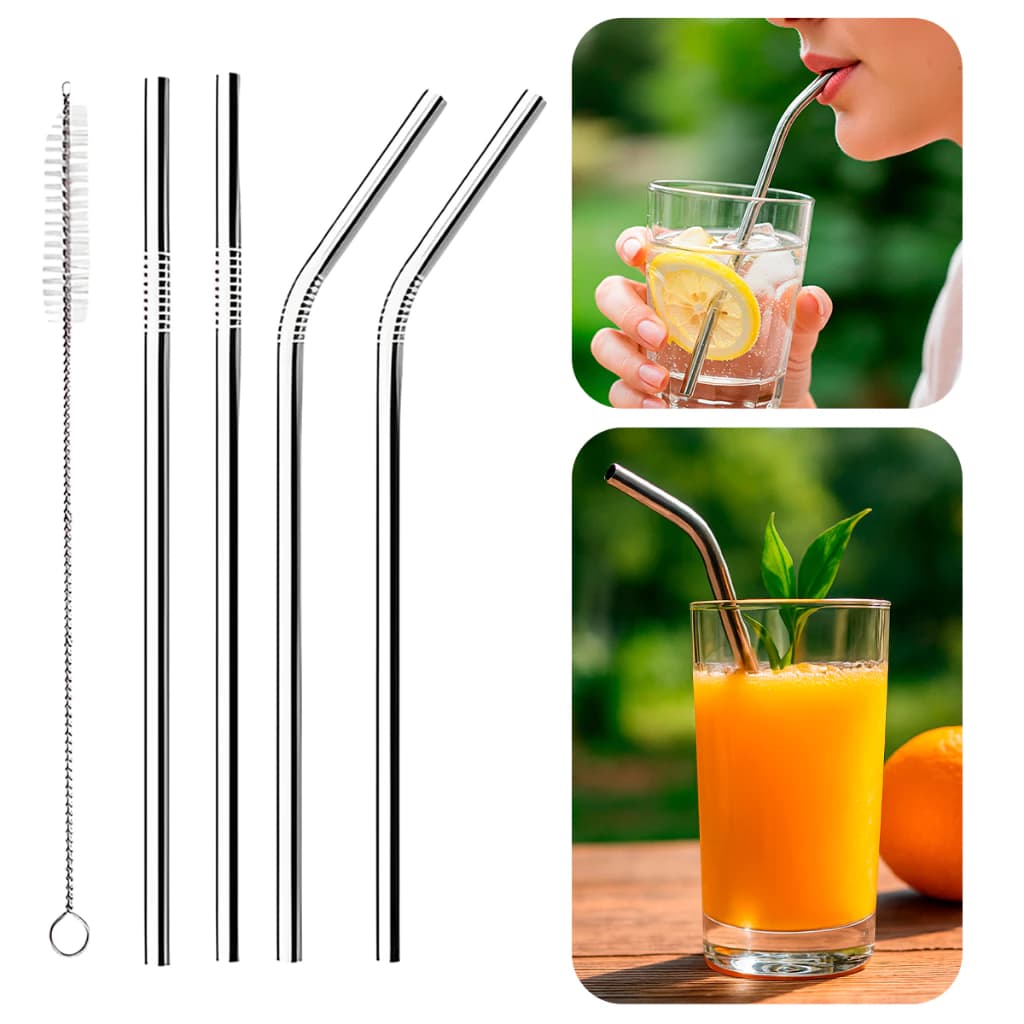 Canudos Inox Curvos e Reto com Escova Ecológico Reutilizáveis Laváveis