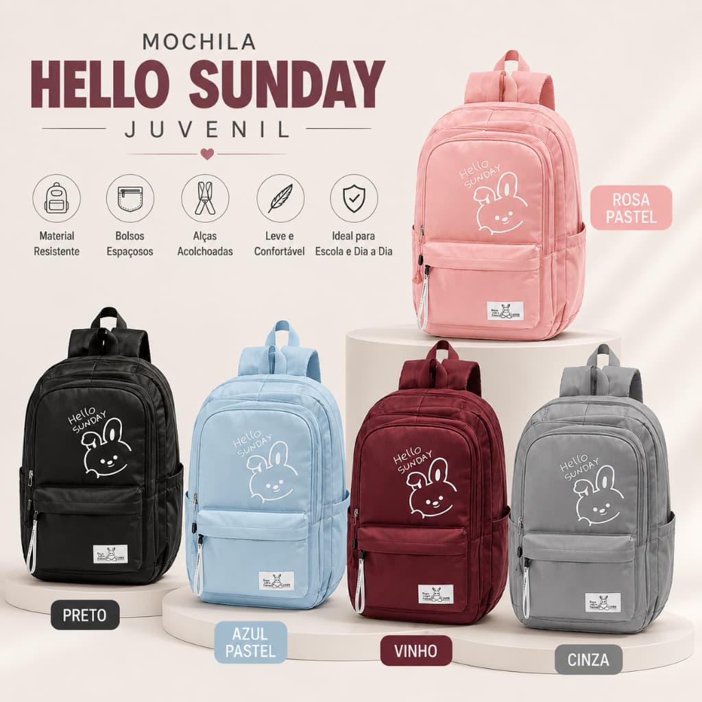 Mochila Hello Sunday Juvenil Escolar Casual Resistente Leve e Espaçosa