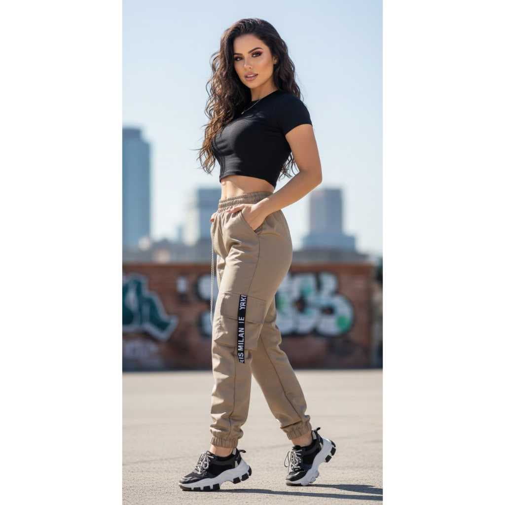 Calça Jogger Cargo bolsos laterais Premium Feminina Com corrente