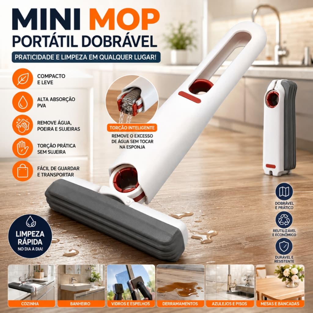 Mini Mop Absorvente Multifuncional Rodo Portátil Dobrável Limpa Cozinha Pia Mesa Janela