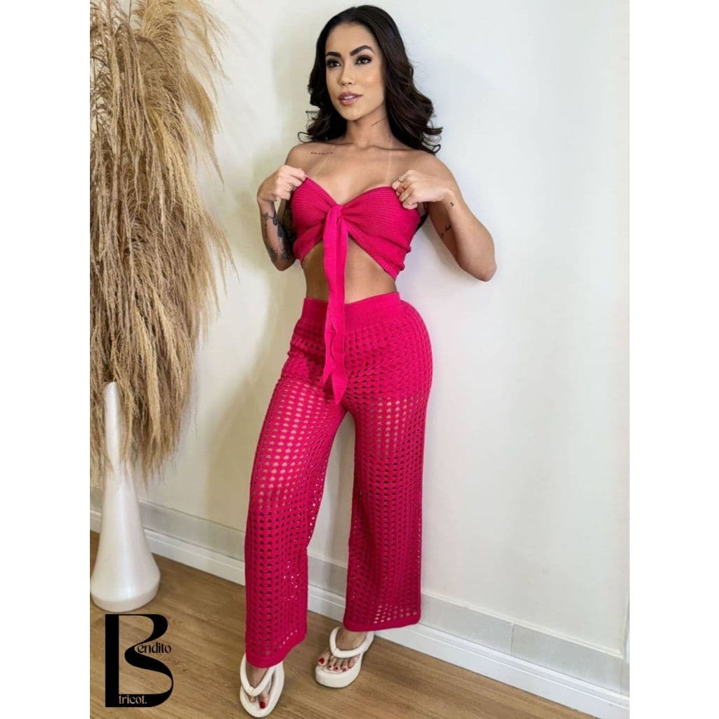 Conjunto Feminino Saída de Praia Tricô Crochê Calça Pantalona Top Tomara Faixa que Caia Moda Verão