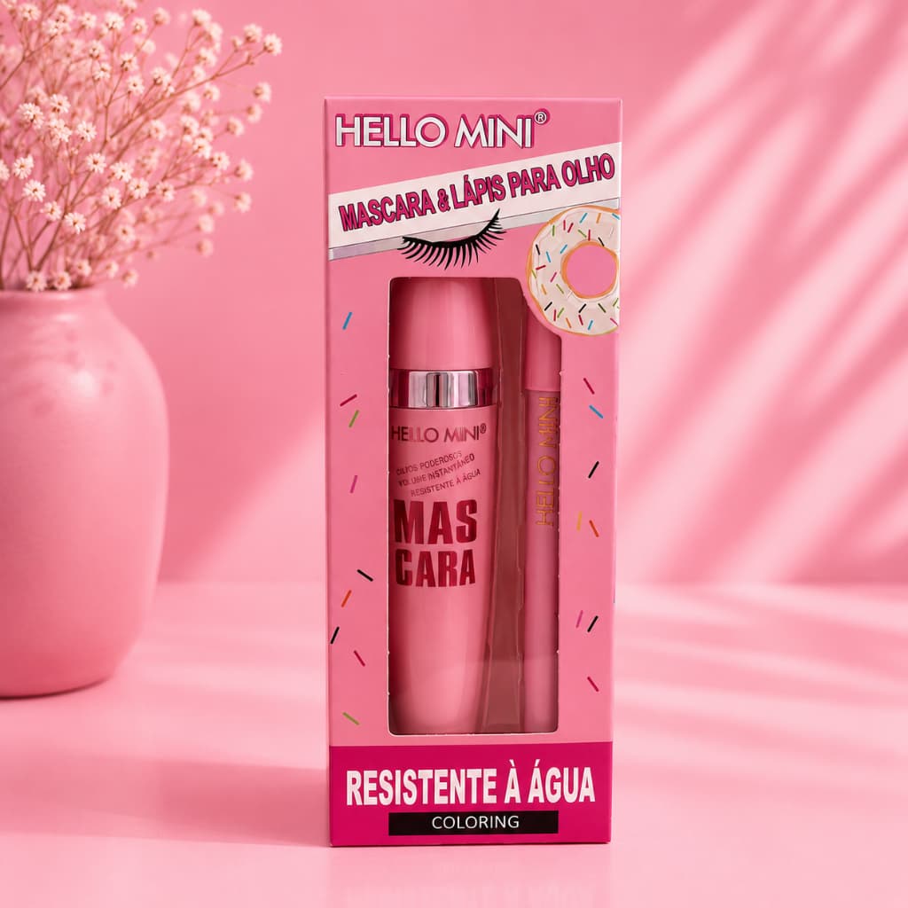 Kit Hello Mini Máscara + Lápis para Olhos Hello Mini Resistente à Água Maquiagem 2 em 1