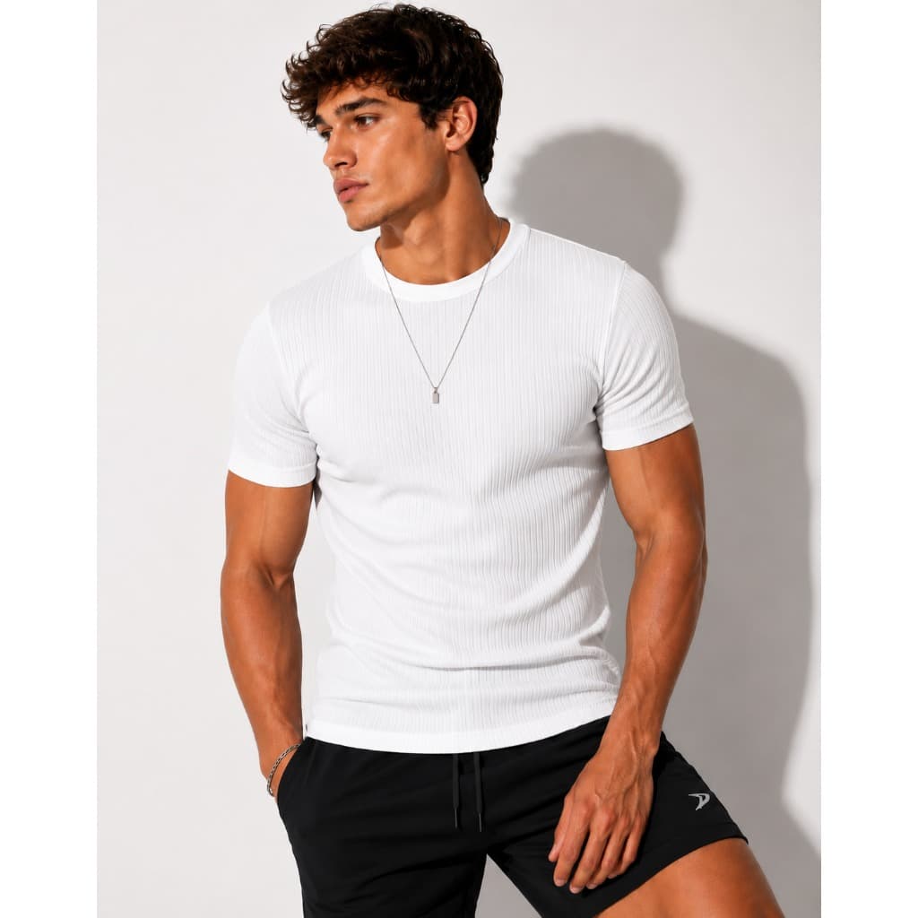 Camiseta Masculina Manga Curta Malha Canelada Slim Gola Careca Blusa Masculina Básica Lisa Algodão Premium
