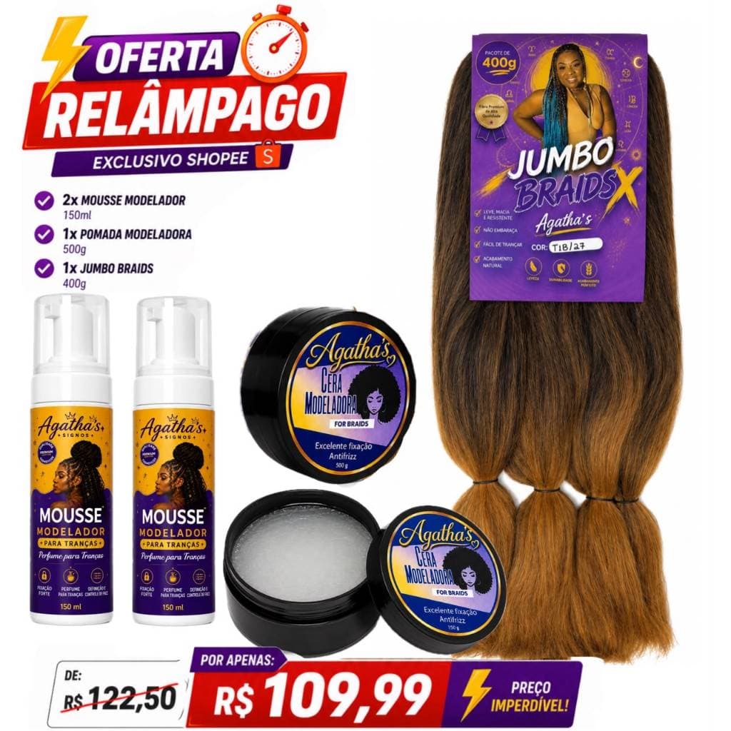 Kit Completo para Tranças E Penteados Agatha's – 2 Mousse Modelador + Pomada Modeladora 500g + Jumbo Braids X