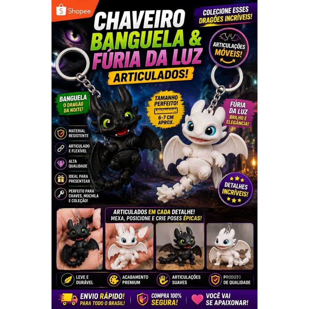 Chaveiro Banguela Fúria da Luz Articulado 3D – Dragão Geek – Presente Infantil