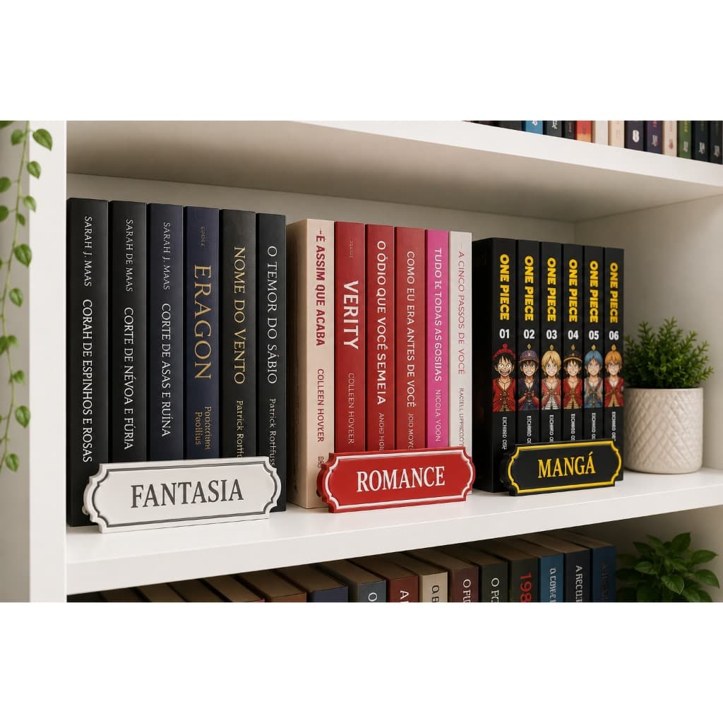 Placas Personalizadas para Estante de Livros | Organizador Divisor Separador de Biblioteca com Nome Frase Categoria
