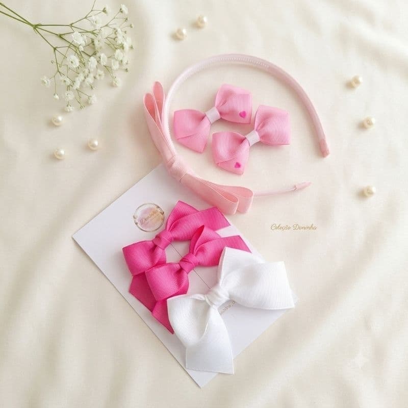 Kit de laços de cabelo menina rosa Kit laços classico Kit cor de rosa