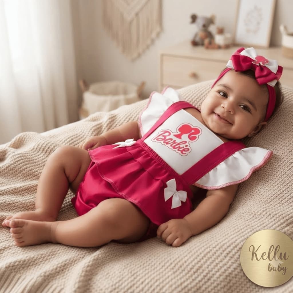 Romper Mesversário Jardineira bebê menina Pink 0 a 3 meses